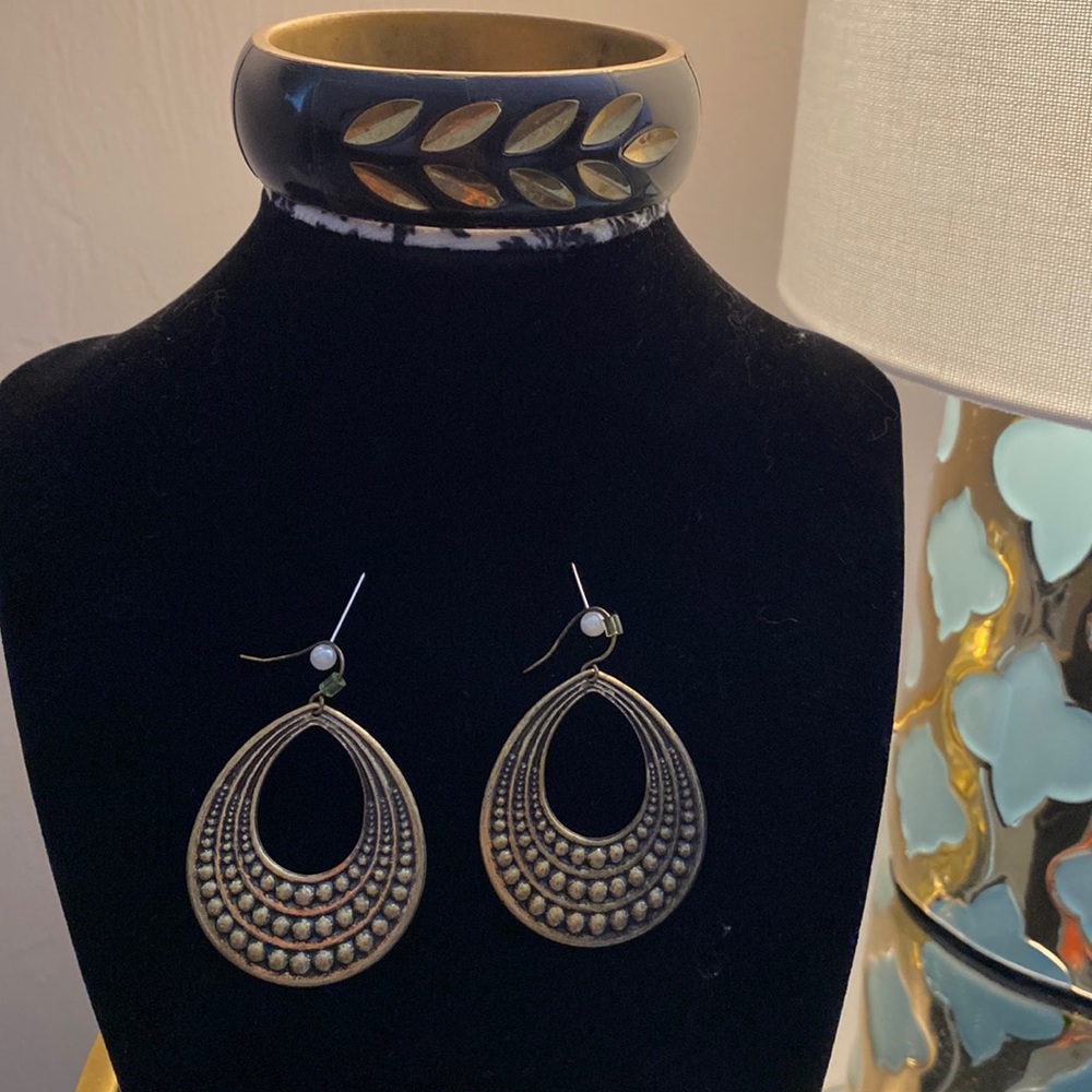 Boho vintage brass metal/ horn bracelet and earrings set